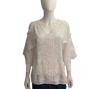 Spiaggia Dolce White Embroidered Floral Cold Shoulder Top Small